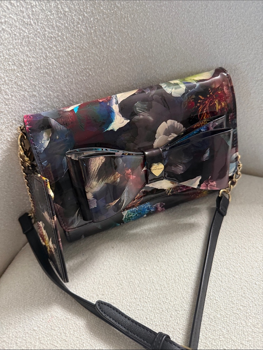 Betsey Johnson Multicolor Floral Patent Bow Crossbody - Black Strap
